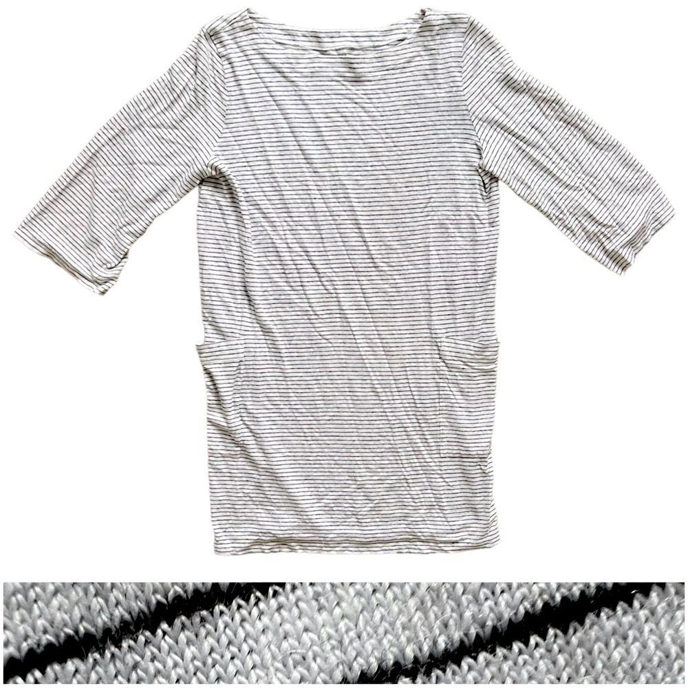 Eileen Fisher White Black Striped Side Patch Pocket 3/4 Sleeve Tunic Top size M